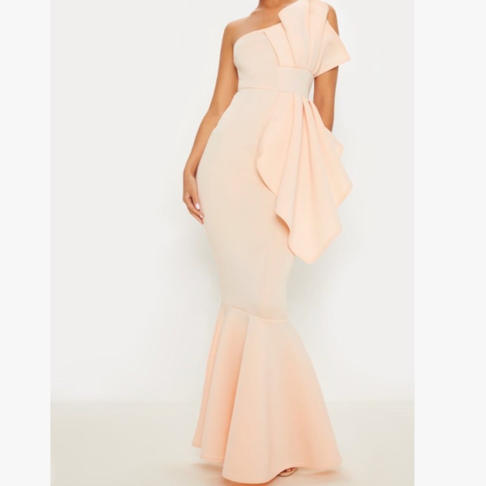 Nude pleated one shoulder fishtail maxi bow dress